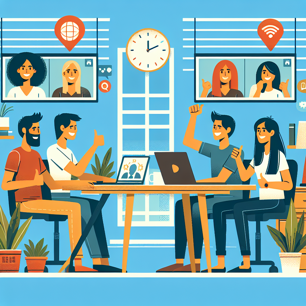 Illustration of Team on video call in a Home office setting, with a focused mood.