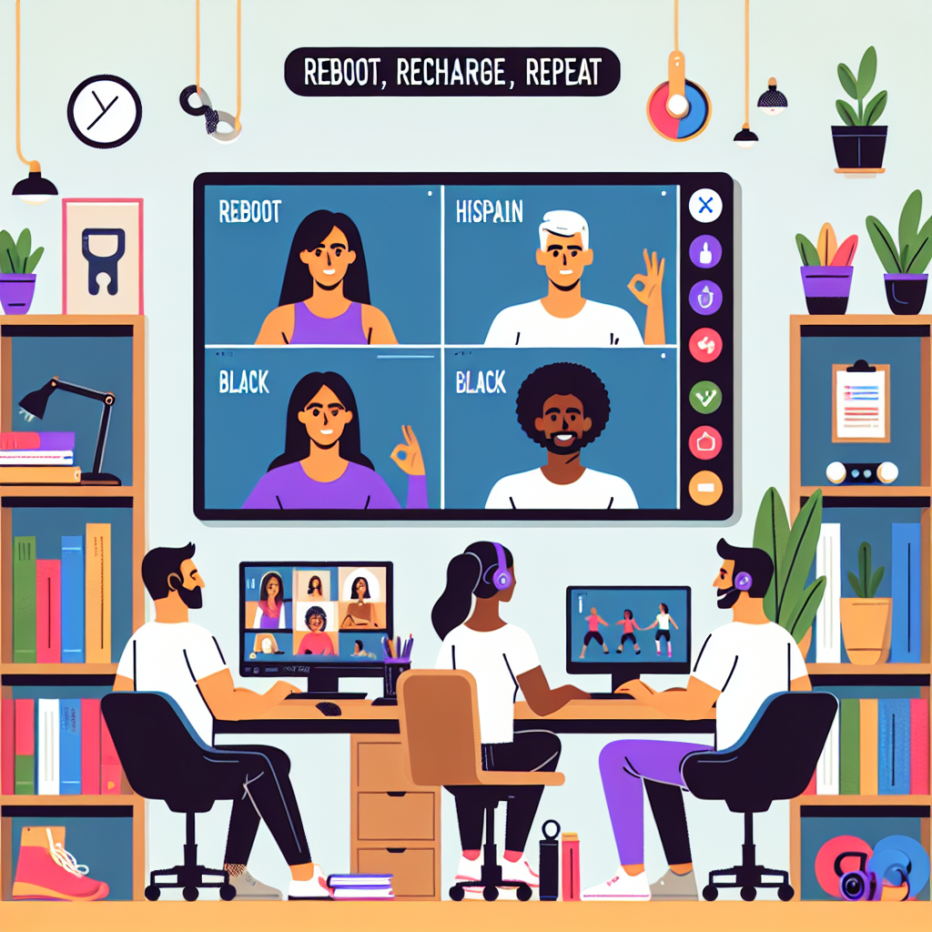 Illustration of Team on video call in a Home office setting, with a focused mood.