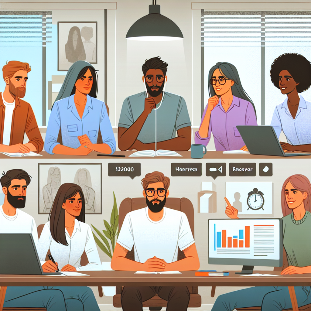 Illustration of Team on video call in a Home office setting, with a focused mood.
