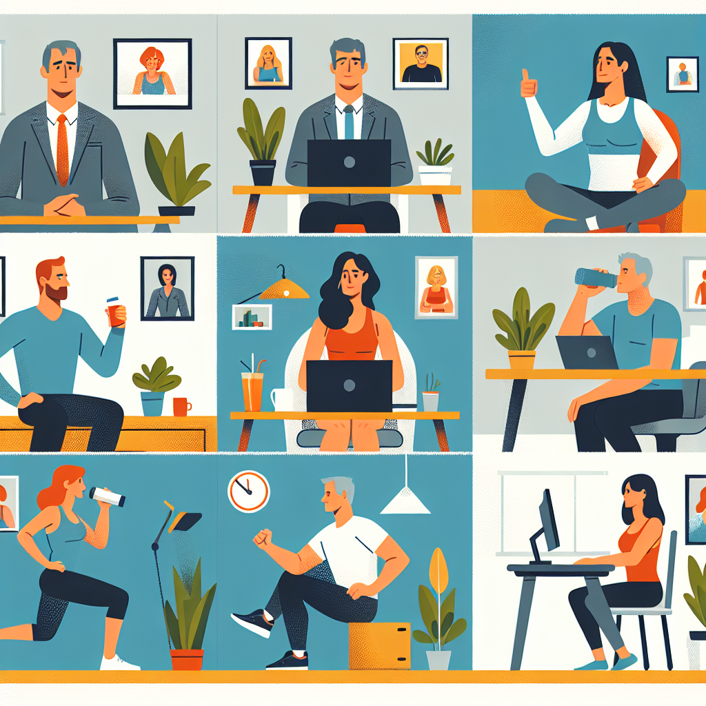 Illustration of Team on video call in a Home office setting, with a focused mood.