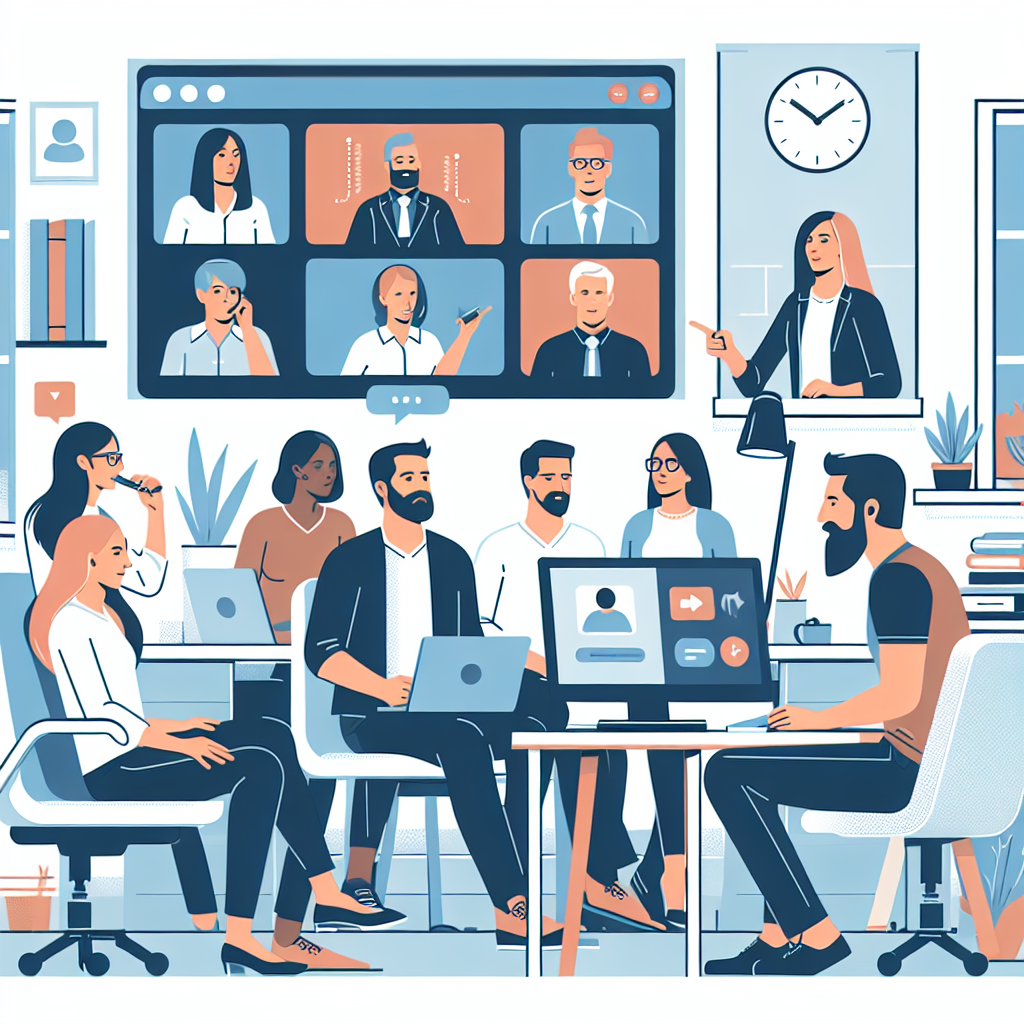 Illustration of Team on video call in a Home office setting, with a focused mood.