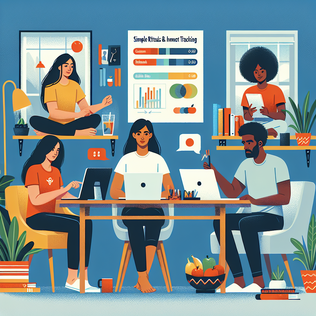 Illustration of Team on video call in a Home office setting, with a focused mood.