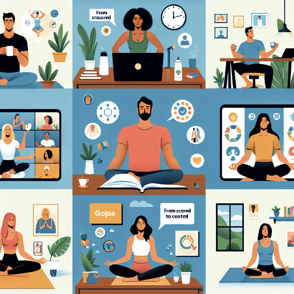 Illustration of Team on video call in a Home office setting, with a focused mood.