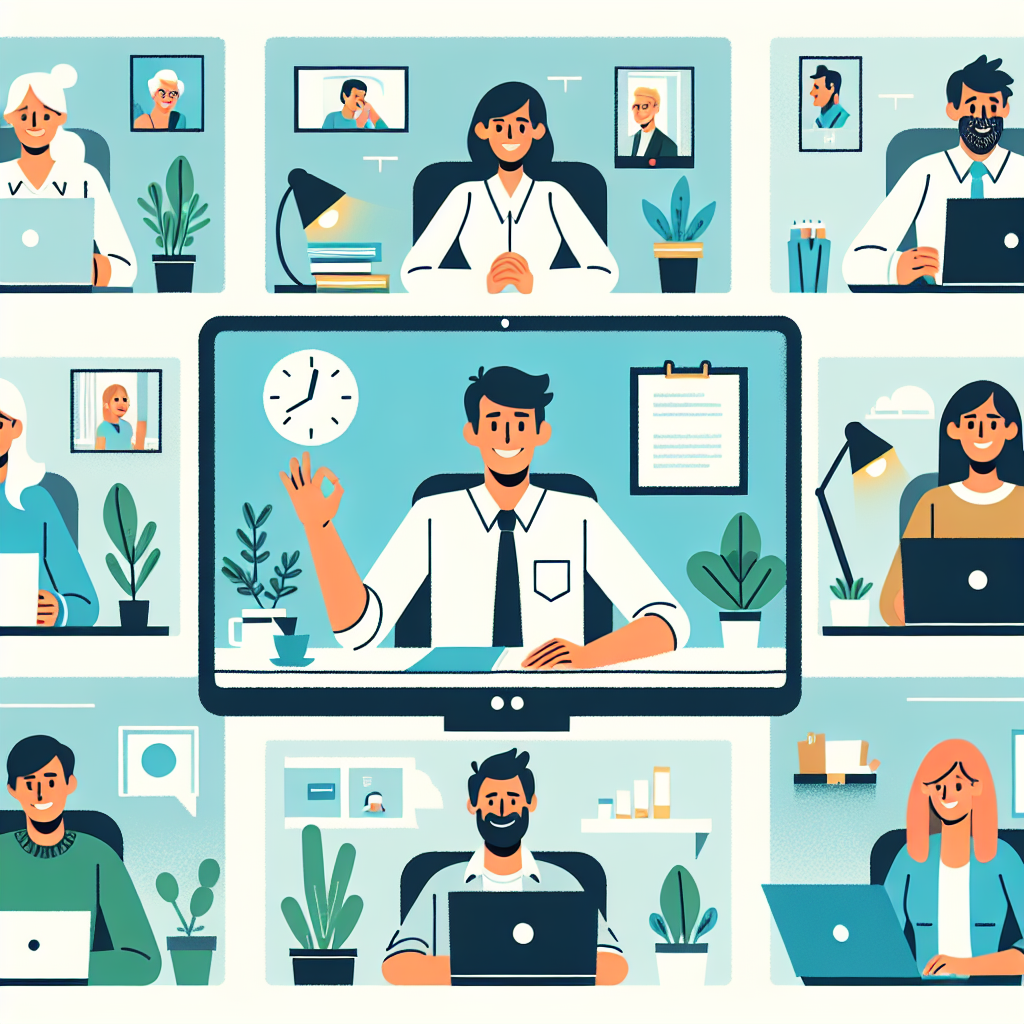 Illustration of Team on video call in a Home office setting, with a focused mood.
