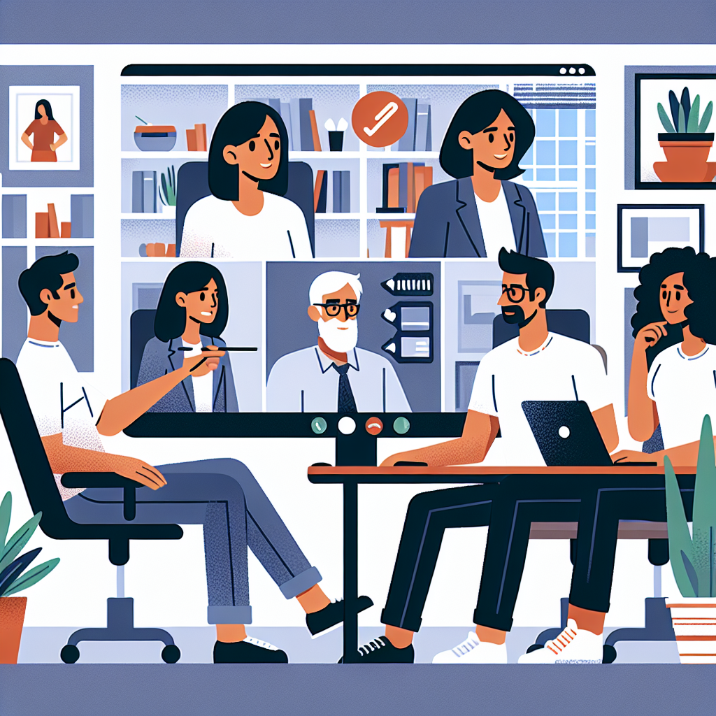 Illustration of Team on video call in a Home office setting, with a focused mood.