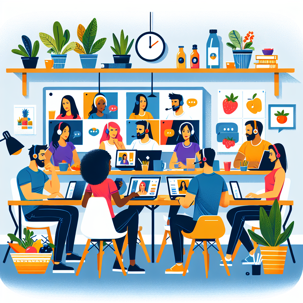 Illustration of Team on video call in a Home office setting, with a focused mood.