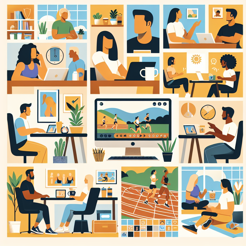 Illustration of Team on video call in a Home office setting, with a focused mood.