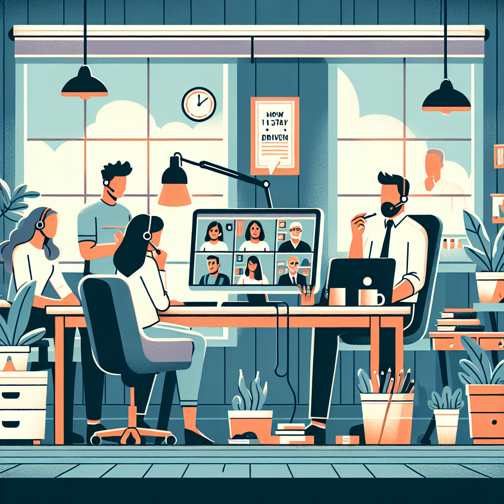 Illustration of Team on video call in a Home office setting, with a focused mood.