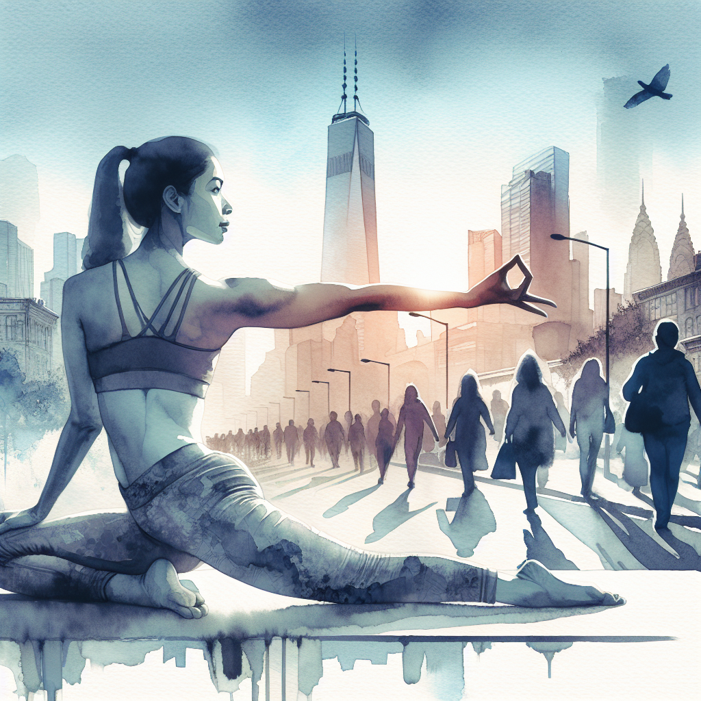 Illustration of Yoga pose in nature in a Cityscape skyline setting, with a determined mood.