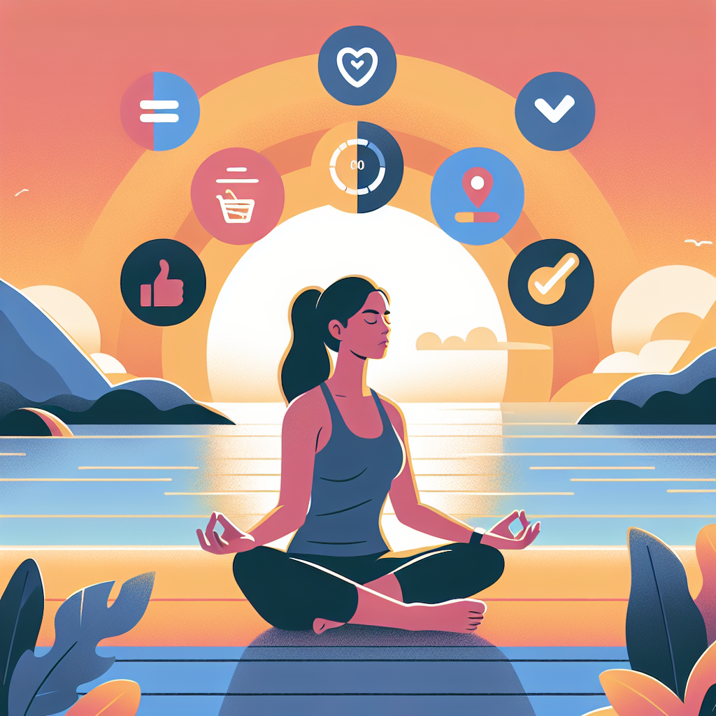 Illustration of Person meditating in a Beachfront sunrise setting, with a determined mood.