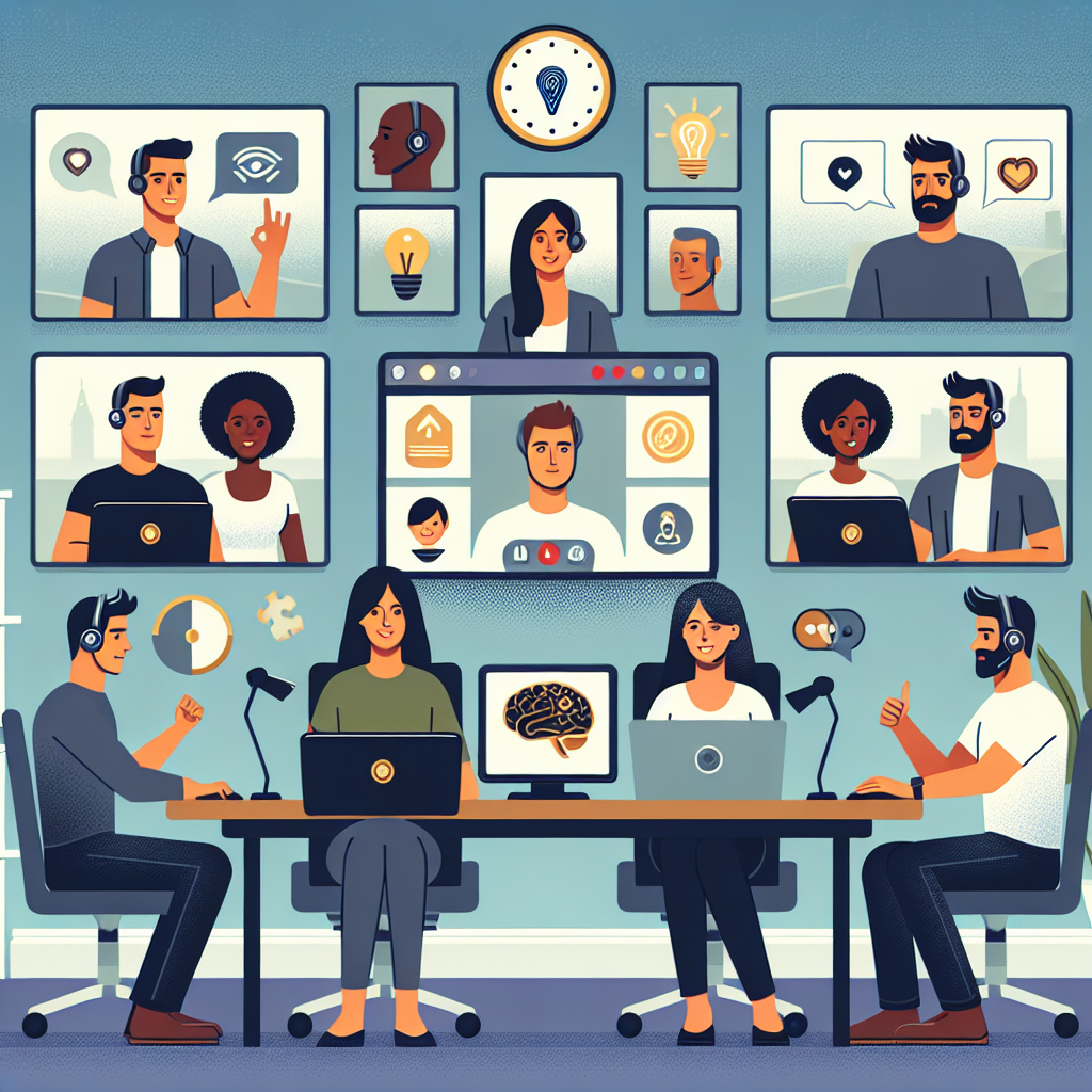 Illustration of Team on video call in a Home office setting, with a focused mood.