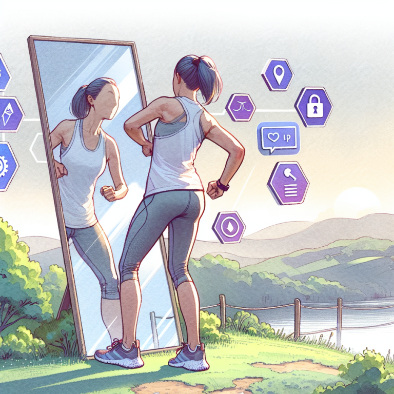 Illustration of Athlete checking mirror form in a Scenic viewpoint setting, with a inspired mood.