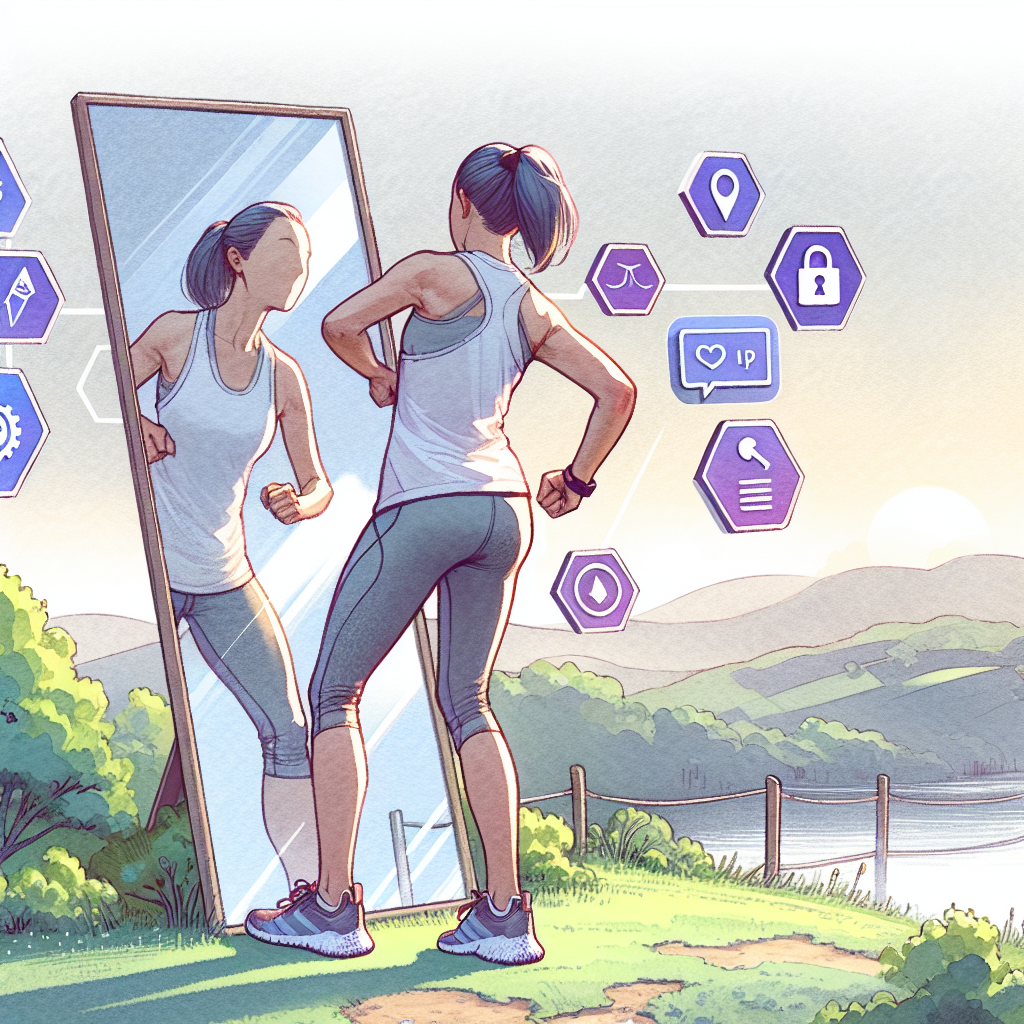 Illustration of Athlete checking mirror form in a Scenic viewpoint setting, with a inspired mood.