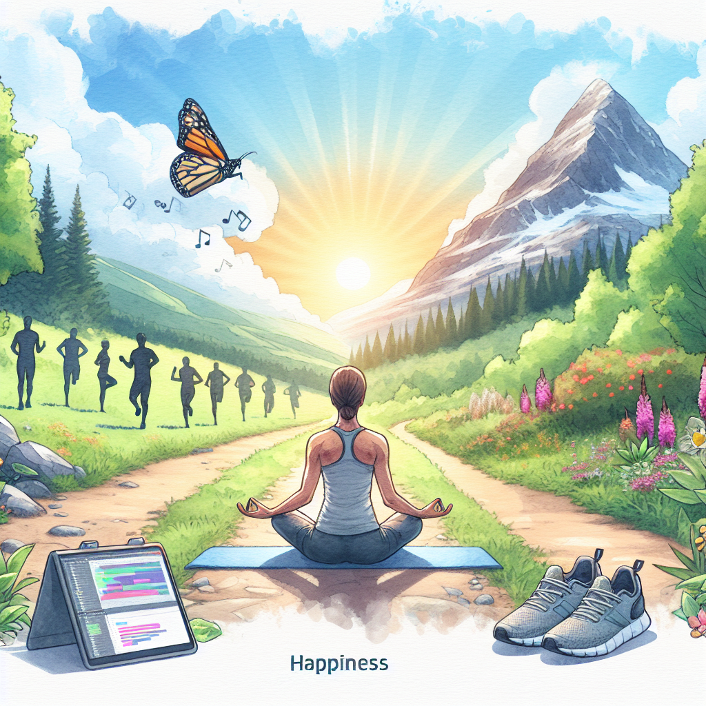 Illustration of Yoga pose in nature in a Mountain path setting, with a happy mood.