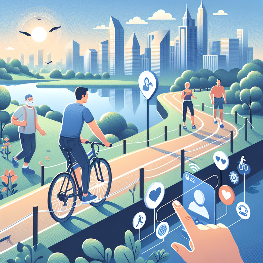 Illustration of Cyclist on a trail in a Cityscape skyline setting, with a relaxed mood.