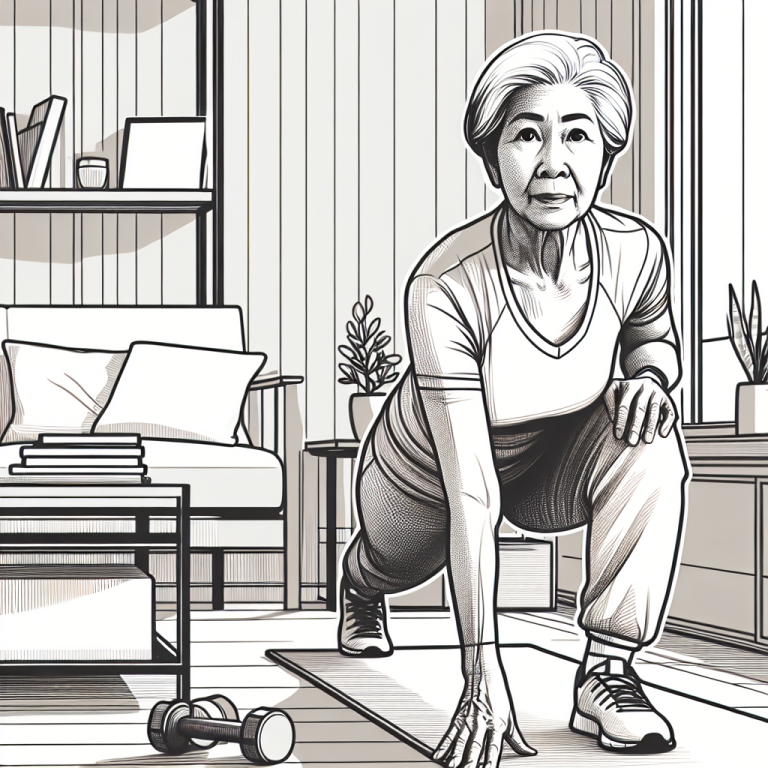 Illustration of Senior doing mobility exercise in a Home workout space setting, with a determined mood.