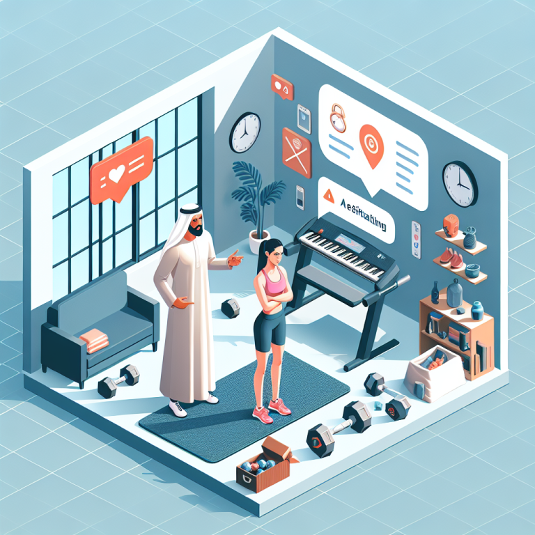 Illustration of Trainer giving advice in a Minimalist home gym setting, with a relaxed mood.