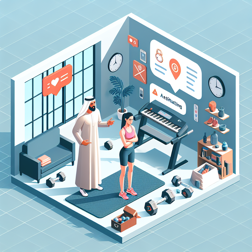 Illustration of Trainer giving advice in a Minimalist home gym setting, with a relaxed mood.