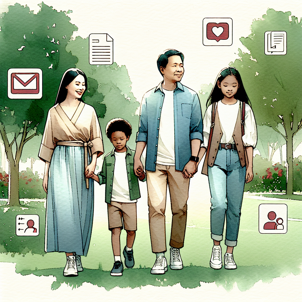 Illustration of Family on a walk in a Park with trees setting, with a relaxed mood.