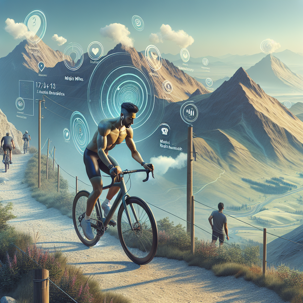 Illustration of Cyclist on a trail in a Scenic viewpoint setting, with a focused mood.