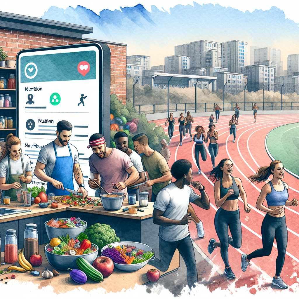 Illustration of Meal prep on kitchen counter in a Urban running track setting, with a inspired mood.