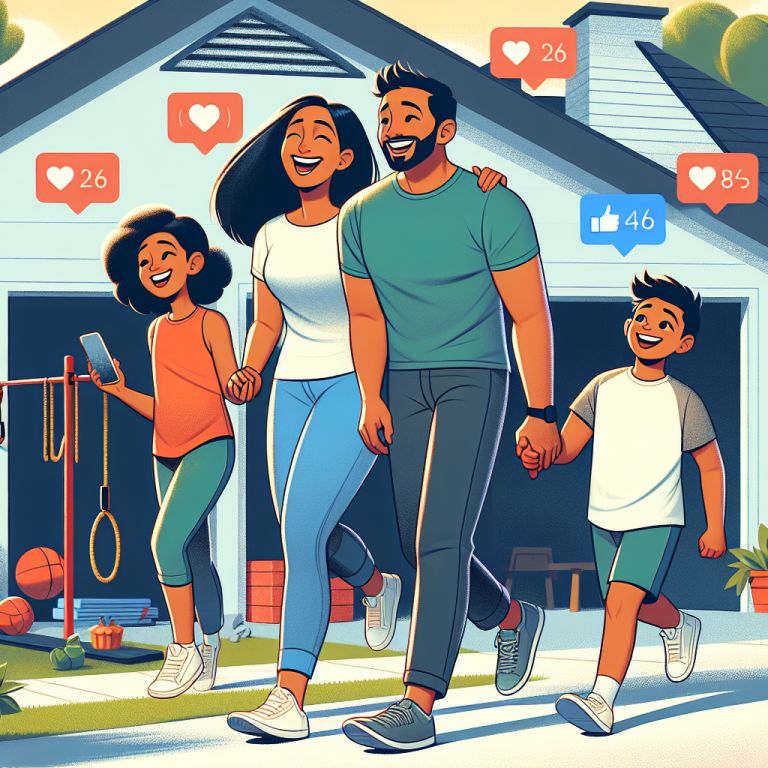 Illustration of Family on a walk in a Garage gym setup setting, with a happy mood.