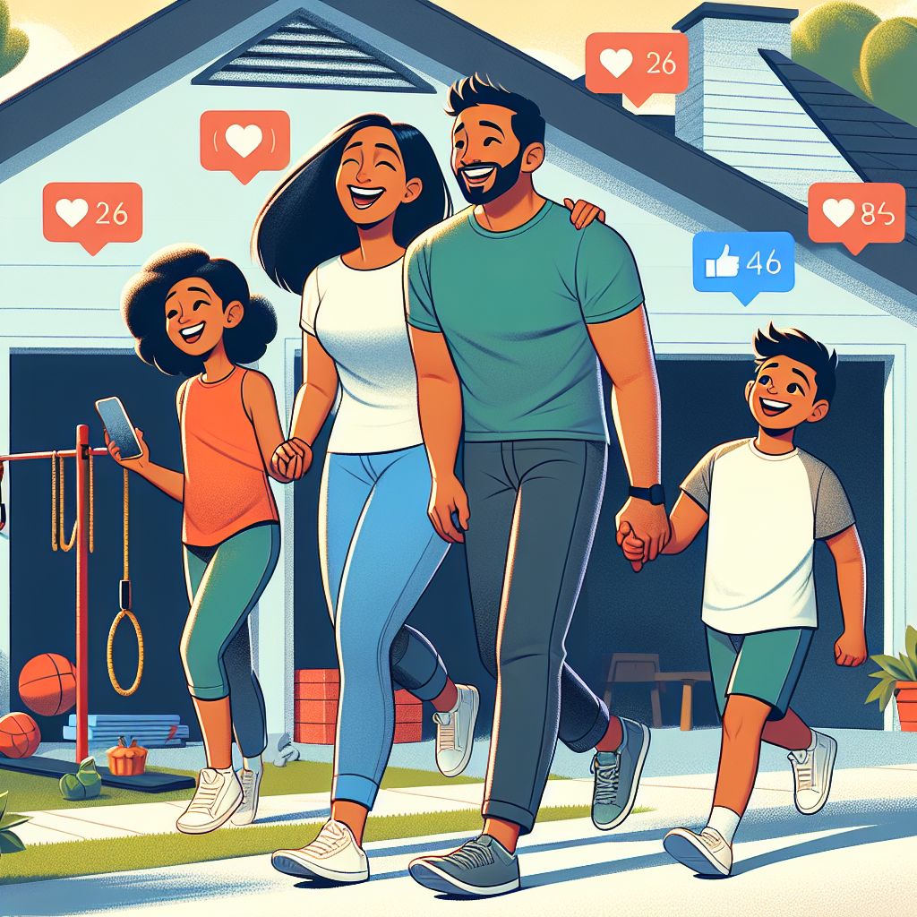 Illustration of Family on a walk in a Garage gym setup setting, with a happy mood.