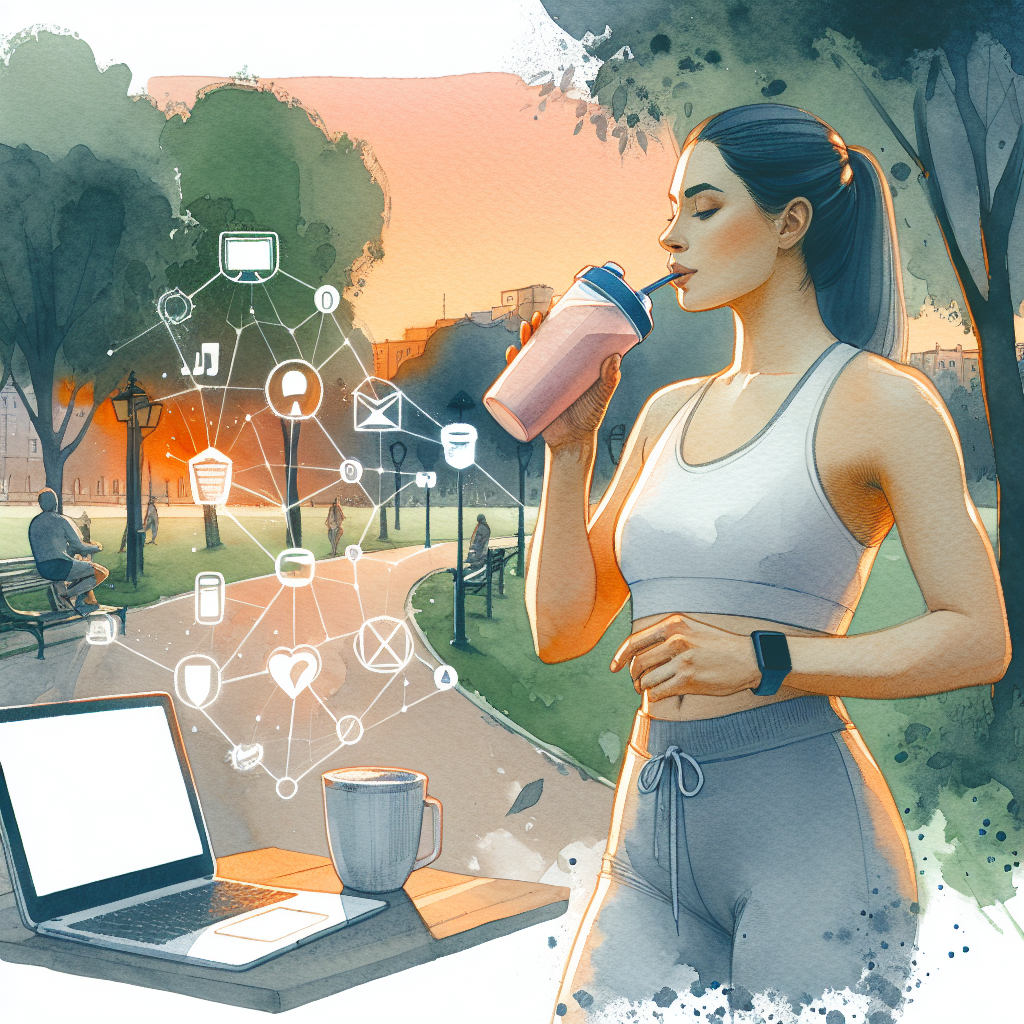 Illustration of Athlete drinking smoothie in a Park with trees setting, with a relaxed mood.