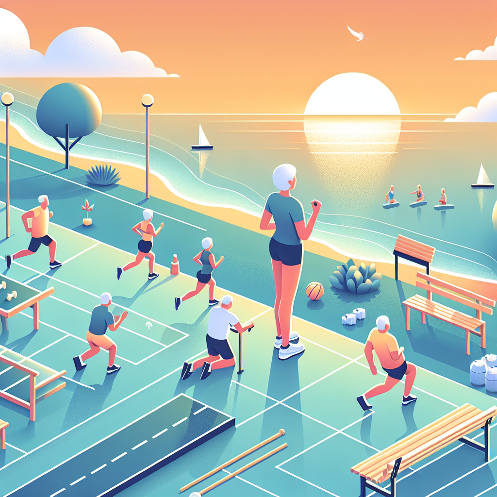 Illustration of Senior doing mobility exercise in a Beachfront sunrise setting, with a inspired mood.