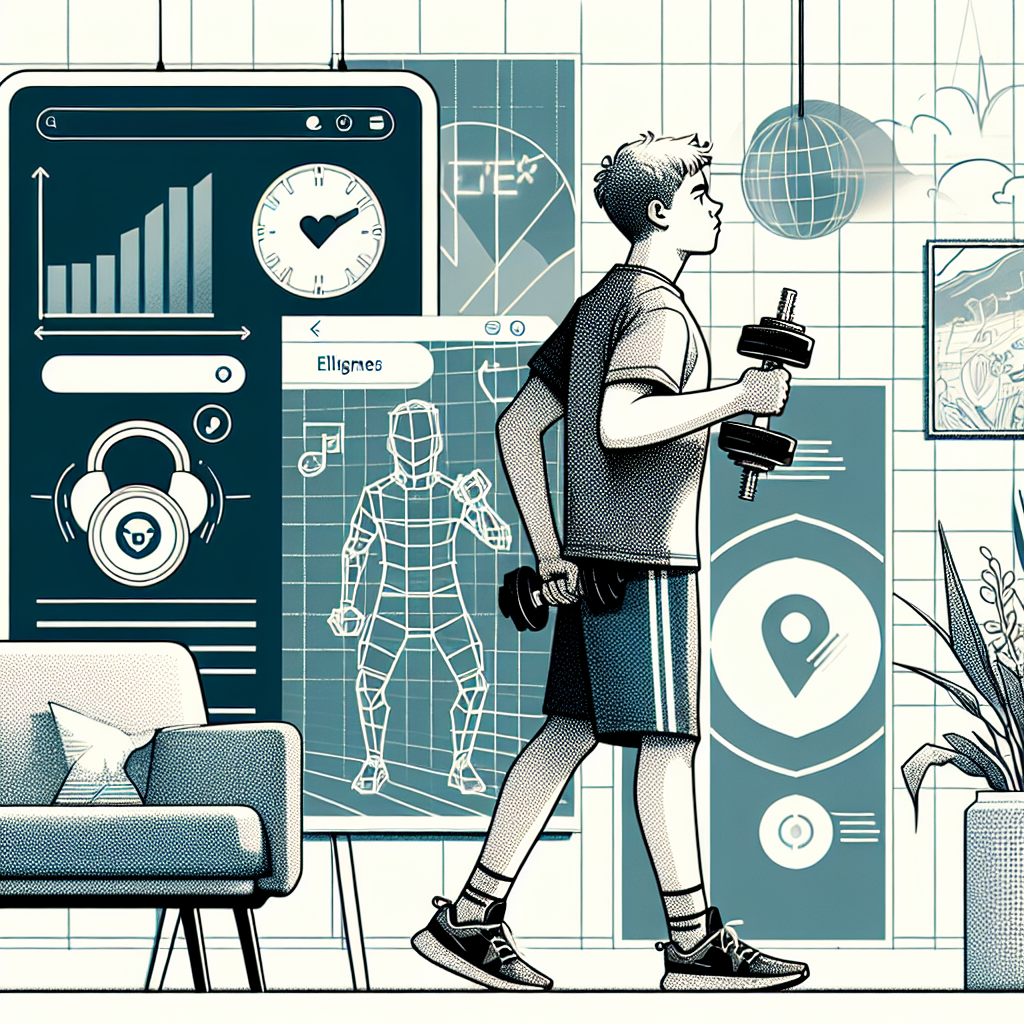 Illustration of Home workout with dumbbells in a Minimalist home gym setting, with a relaxed mood.