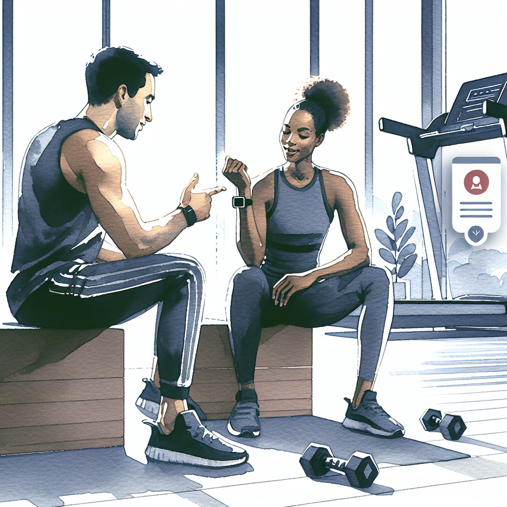Illustration of Fitness coach guiding client in a Minimalist home gym setting, with a relaxed mood.
