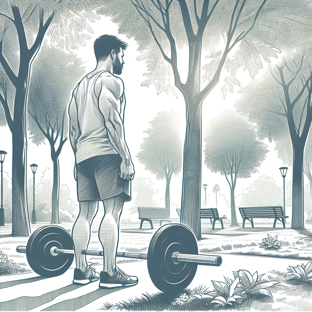 Illustration of Person lifting weights in a Park with trees setting, with a relaxed mood.