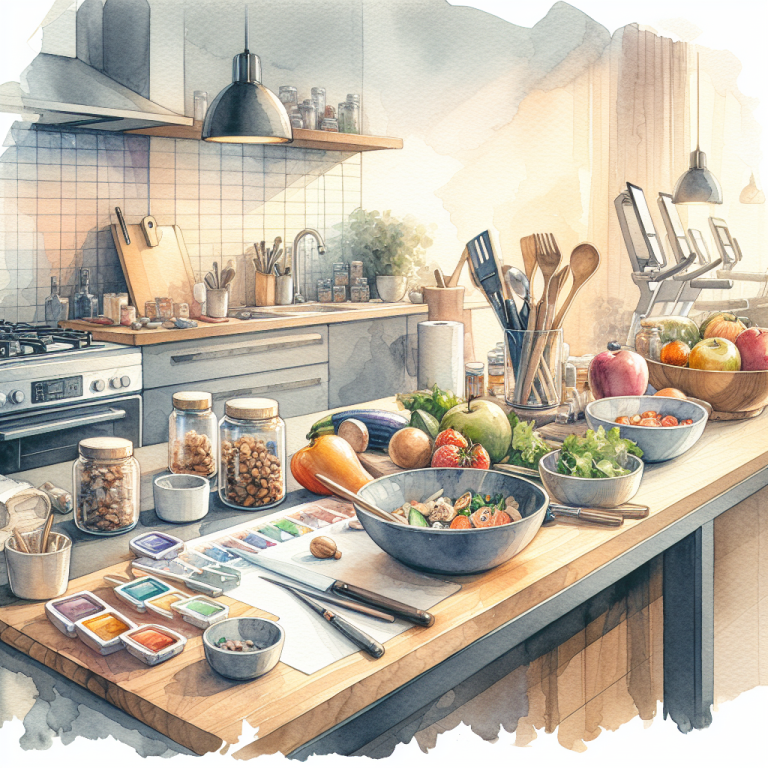 Illustration of Meal prep on kitchen counter in a Fitness class studio setting, with a relaxed mood.