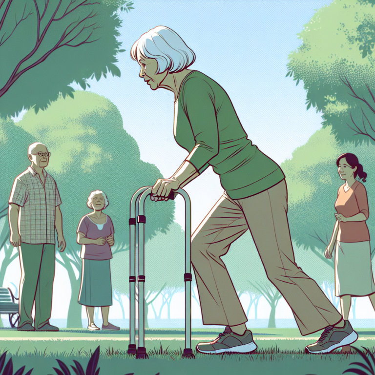 Illustration of Senior doing mobility exercise in a Park with trees setting, with a determined mood.