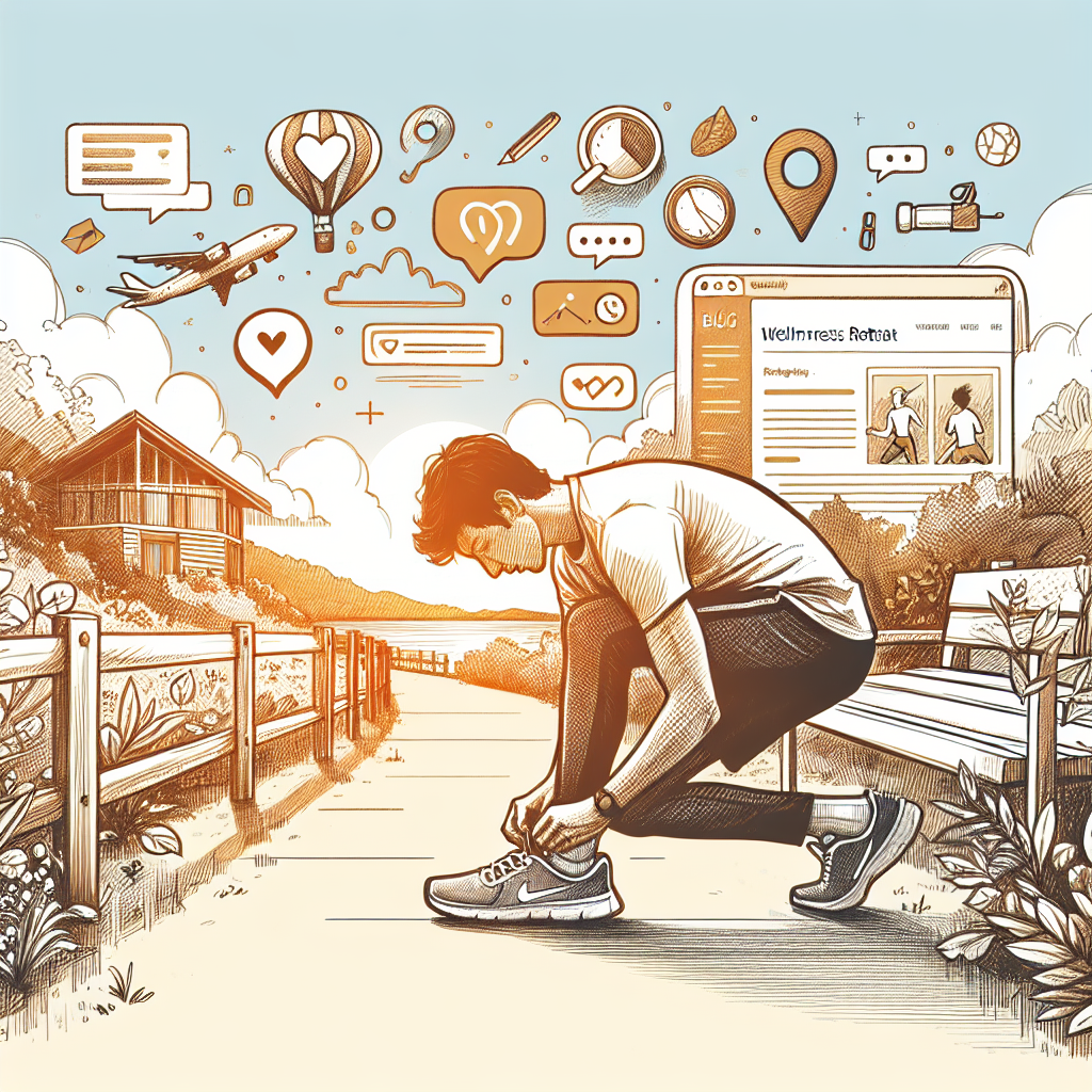 Illustration of Runner tying shoes in a Wellness retreat setting setting, with a happy mood.