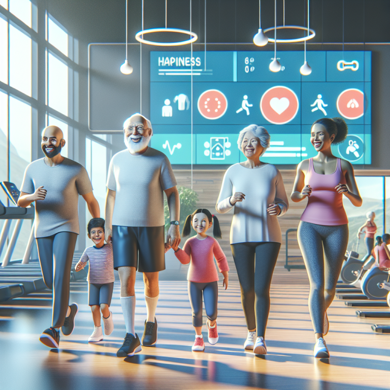 Illustration of Family on a walk in a Fitness class studio setting, with a happy mood.