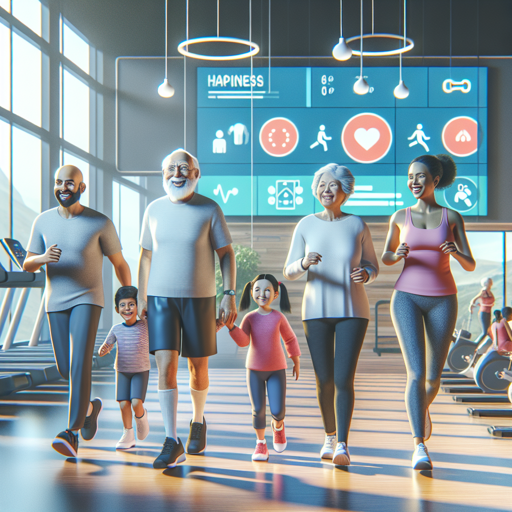 Illustration of Family on a walk in a Fitness class studio setting, with a happy mood.