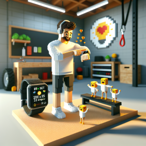 Illustration of Person tracking progress on smartwatch in a Garage gym setup setting, with a happy mood.