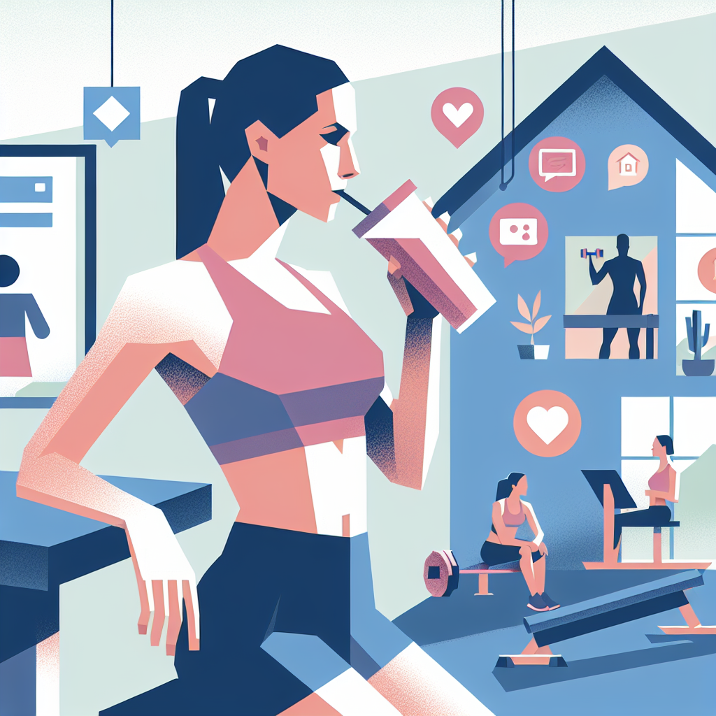 Illustration of Athlete drinking smoothie in a Minimalist home gym setting, with a determined mood.