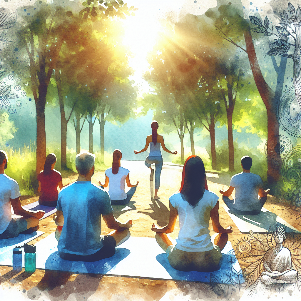Illustration of Group fitness class in a Outdoor trail setting, with a relaxed mood.