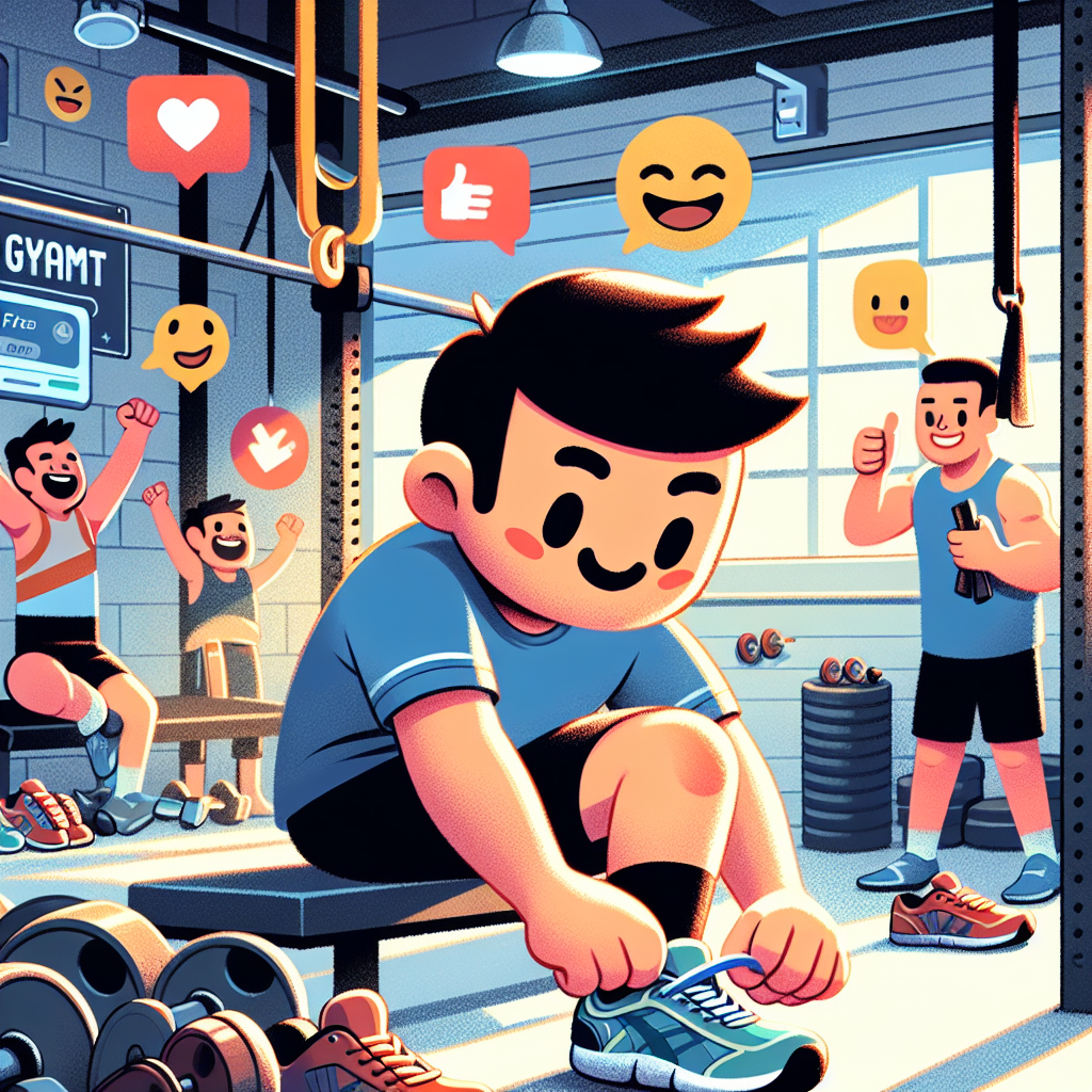 Illustration of Runner tying shoes in a Garage gym setup setting, with a happy mood.
