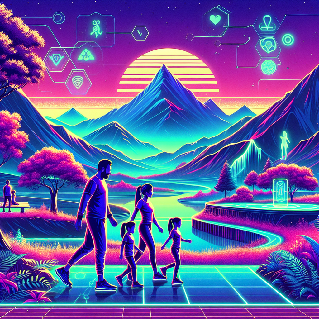 Illustration of Family on a walk in a Mountain path setting, with a relaxed mood.