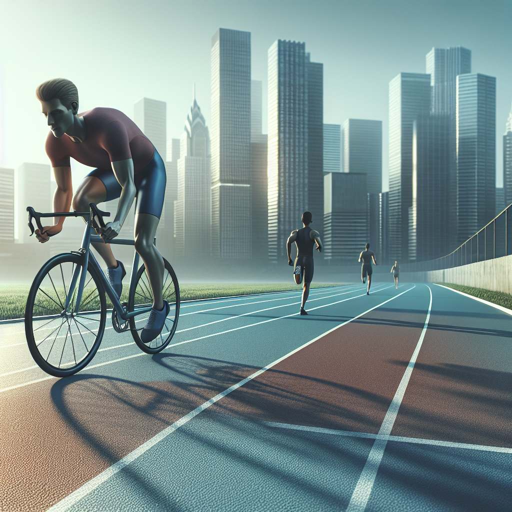Illustration of Cyclist on a trail in a Urban running track setting, with a focused mood.