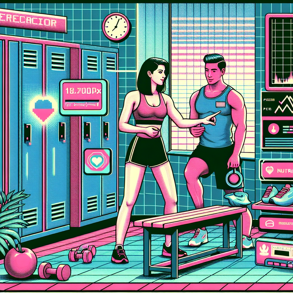 Illustration of Fitness coach guiding client in a Locker room setting, with a focused mood.