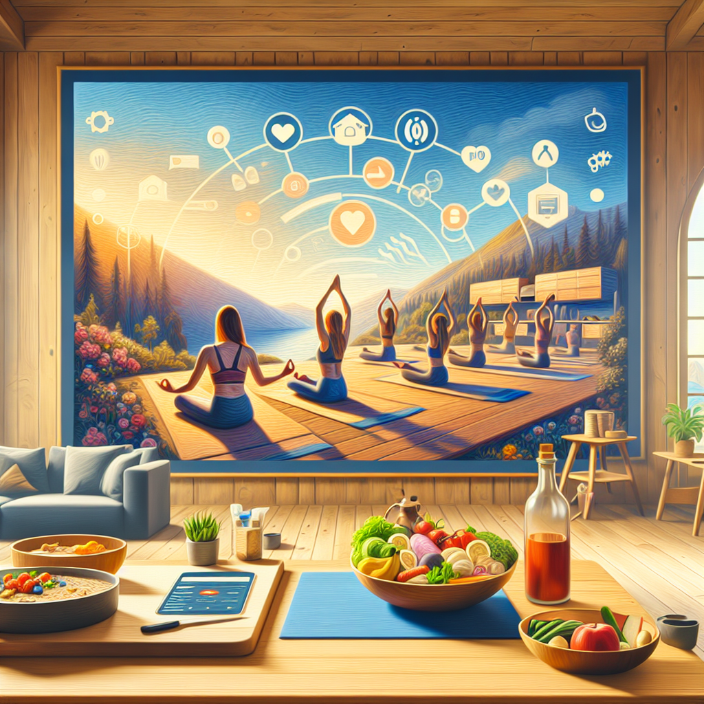 Illustration of Meal prep on kitchen counter in a Yoga studio setting, with a inspired mood.
