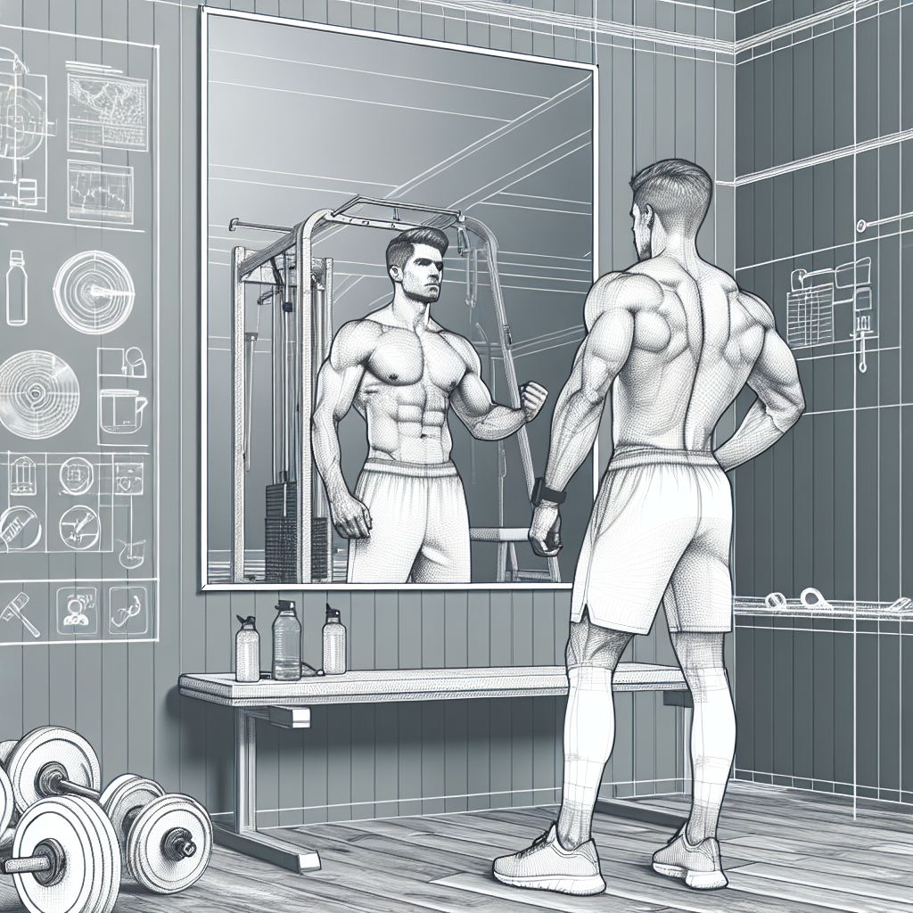 Illustration of Athlete checking mirror form in a Minimalist home gym setting, with a determined mood.