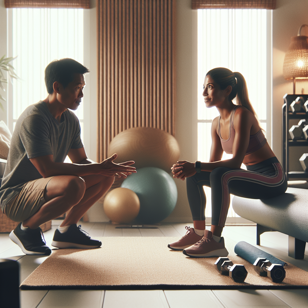 Illustration of Trainer giving advice in a Home workout space setting, with a relaxed mood.