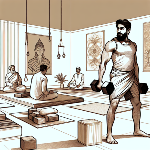 Illustration of Person lifting weights in a Yoga studio setting, with a inspired mood.