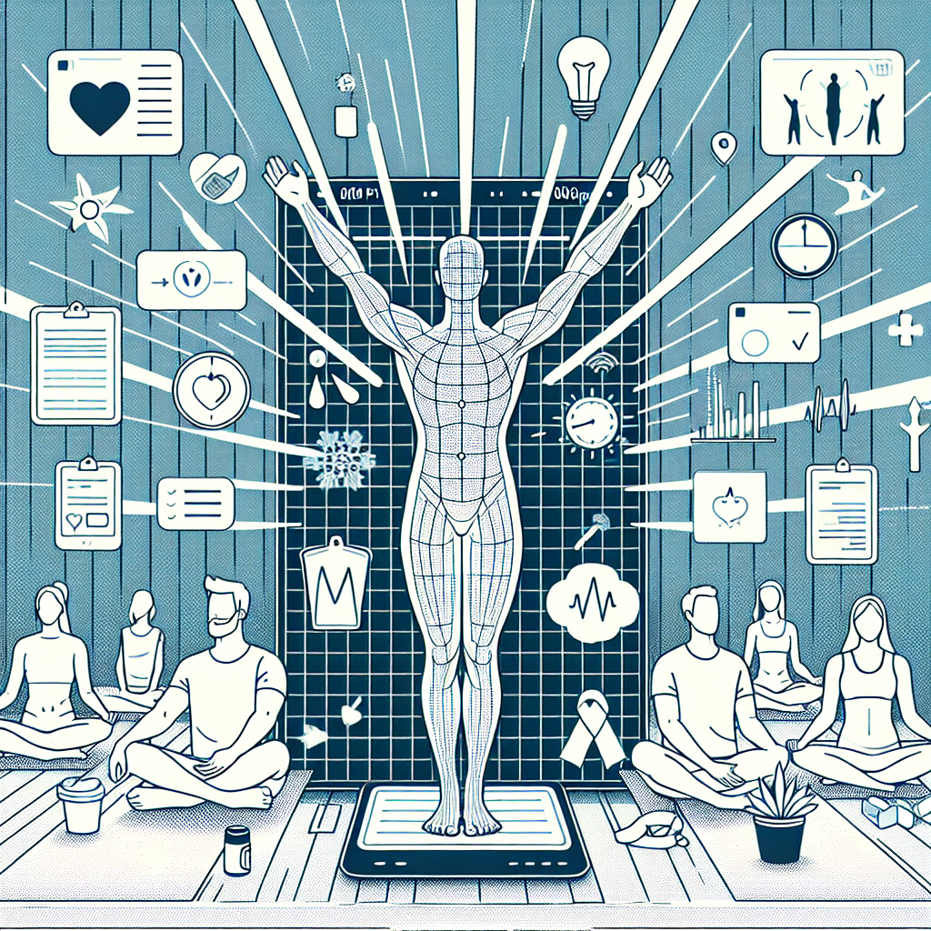 Illustration of Body composition scan in a Yoga studio setting, with a happy mood.