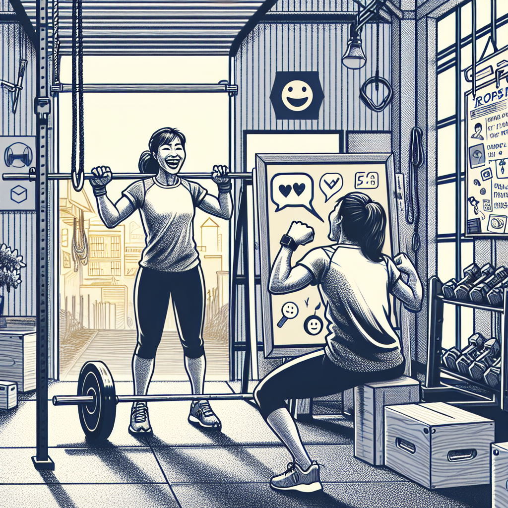 Illustration of Athlete checking mirror form in a Garage gym setup setting, with a happy mood.